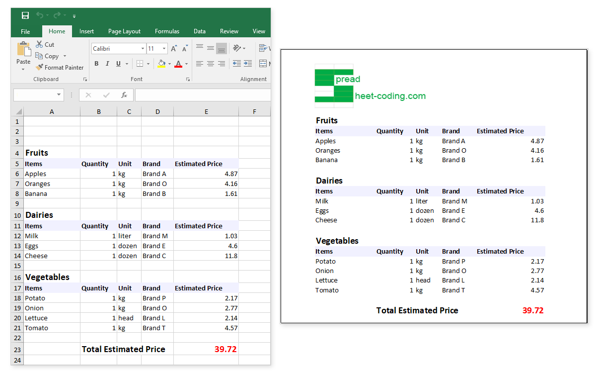 Create a Grocery List Template in Excel