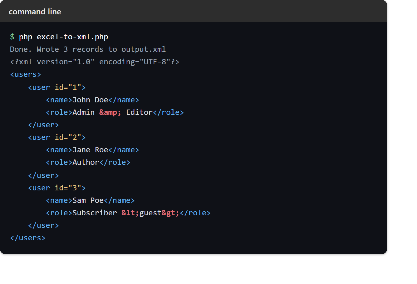 Converting an Excel file to XML: terminal running excel-to-xml.php and the resulting output.xml with escaped ampersand and angle brackets in the role fields