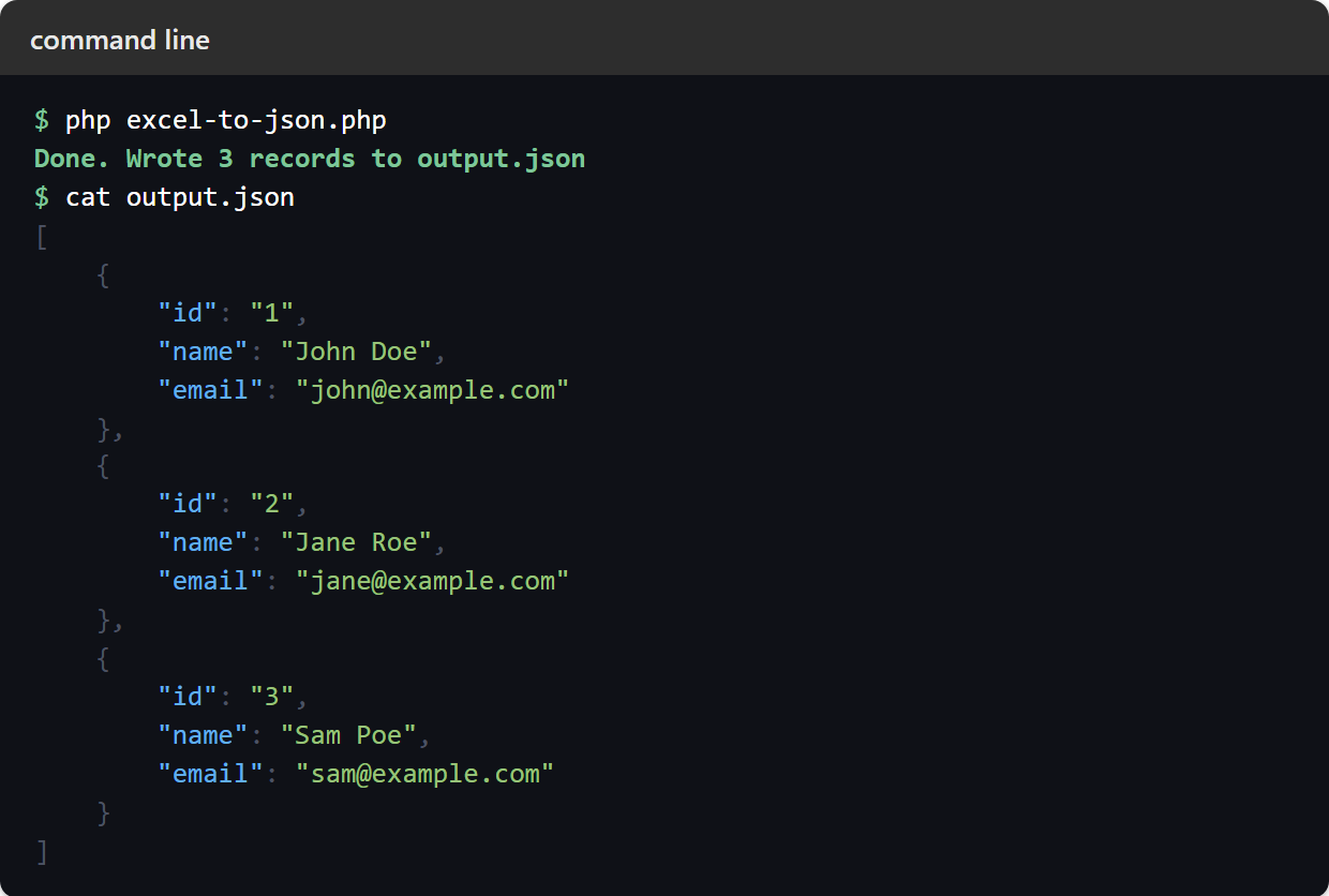 Convert Excel to JSON using PhpSpreadsheet: terminal running excel-to-json.php and the header-keyed output.json