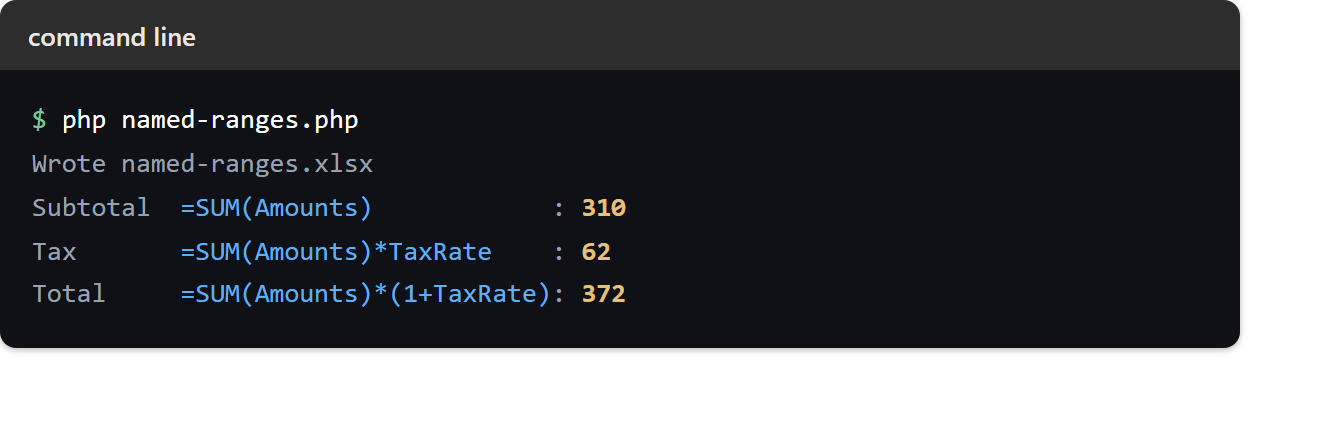 Terminal running named-ranges.php, printing subtotal 310, tax 62 and total 372 from formulas that use the named ranges