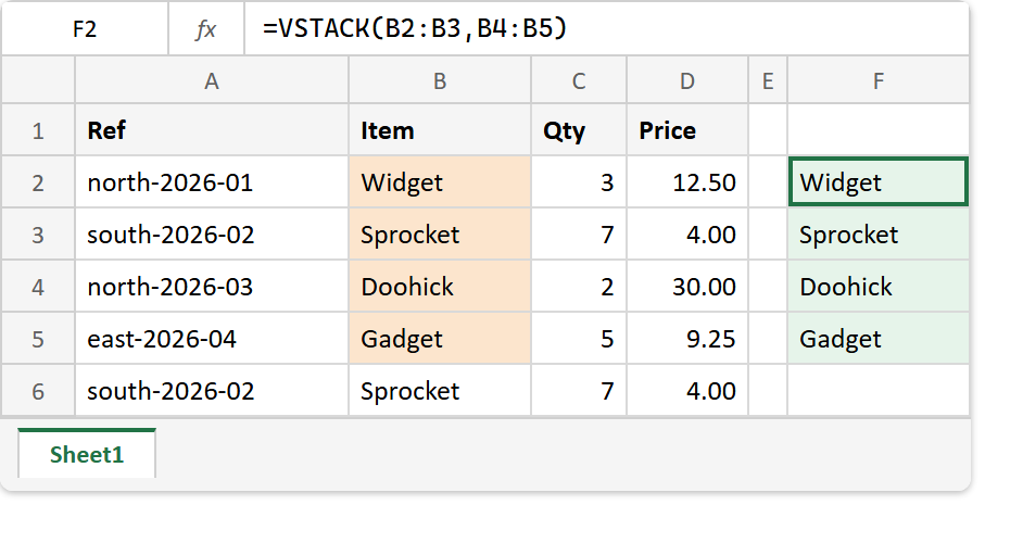 VSTACK and HSTACK in Excel: two separate two-row ranges above, and below them one shaded four-row result containing Widget, Sprocket, Doohick and Gadget from a single VSTACK formula