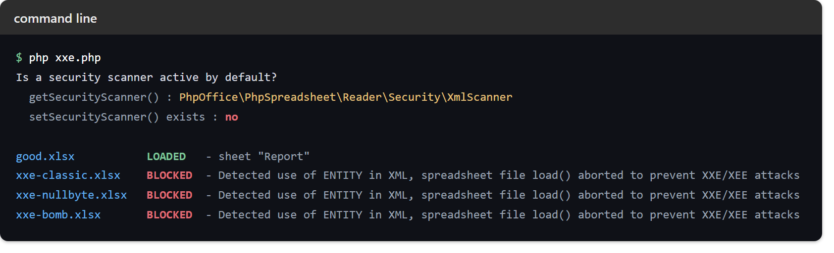 Guard against XXE when reading an untrusted Excel file: a terminal showing the XmlScanner active by default and setSecurityScanner reported as not existing, then good.xlsx loading while the classic, null-byte and expansion-bomb payloads are each blocked to prevent XXE attacks.