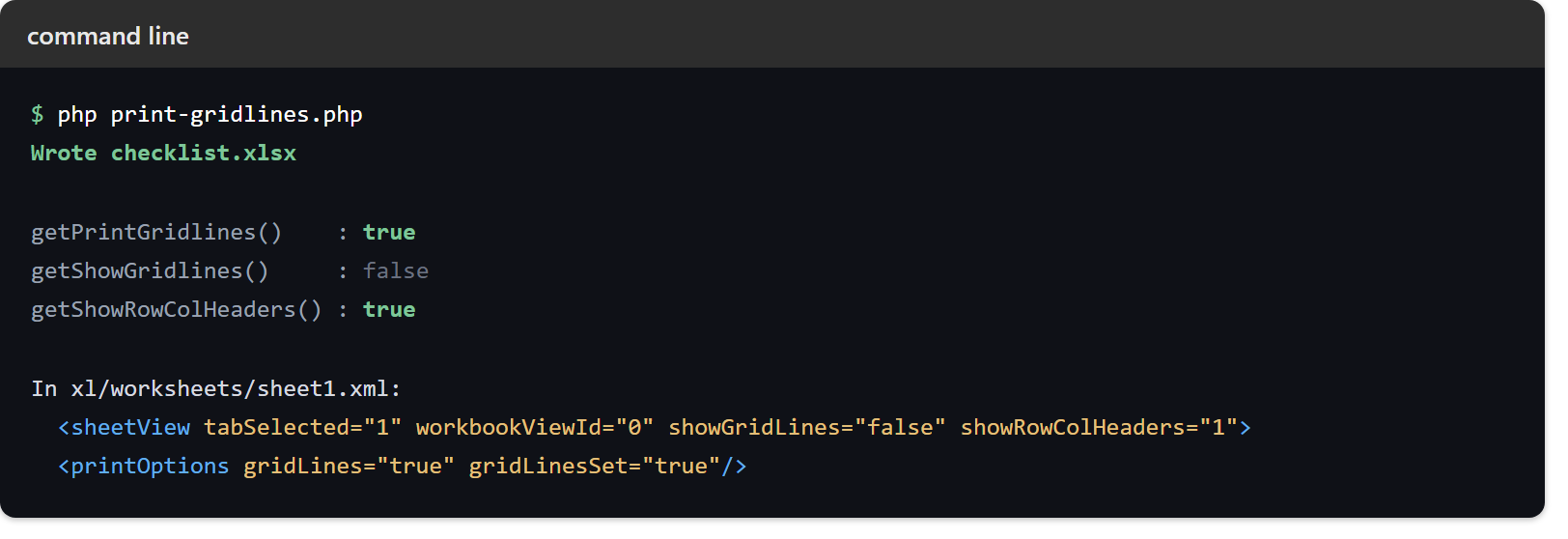 Print gridlines in Excel files: a terminal showing getPrintGridlines true, getShowGridlines false and getShowRowColHeaders true, then the sheetView element carrying showGridLines false and the printOptions element carrying gridLines true.