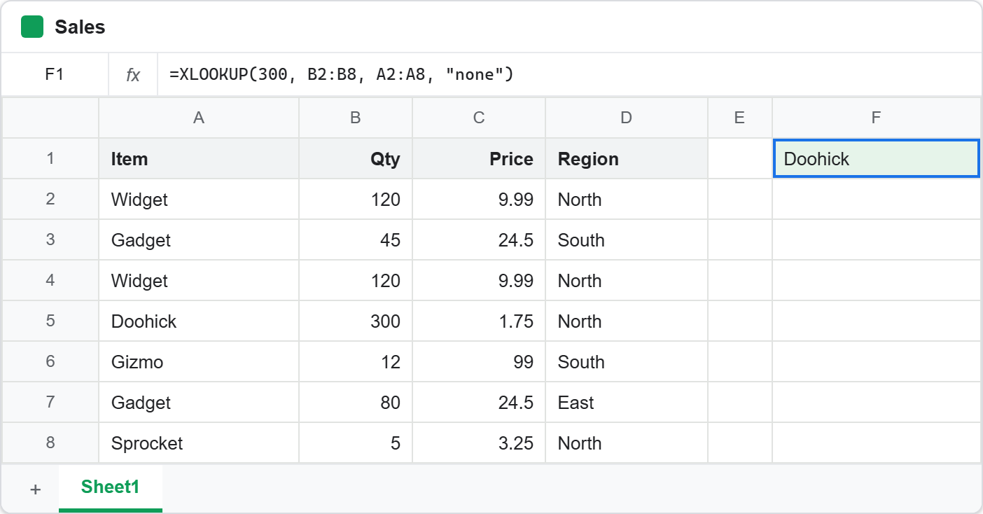 The XLOOKUP function searching leftwards in Google Sheets: the formula bar reads XLOOKUP(300, B2:B8, A2:A8, none) and the shaded result cell returns Doohick, which VLOOKUP cannot do