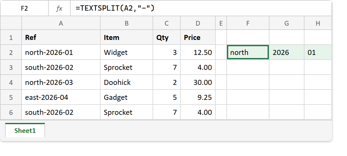 The TEXTSPLIT function in Excel: the formula bar reads TEXTSPLIT(A2, dash) and the three shaded cells beside it return north, 2026 and 01 from the single reference north-2026-01