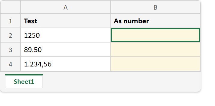Excel sheet before the VALUE formula: a Text column holding 1250, 89.50 and the European 1.234,56, all left-aligned, with the As number column empty