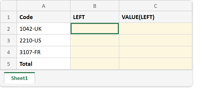 Excel sheet before the LEFT formula: a Code column holding 1042-UK, 2210-US and 3107-FR, with the LEFT and VALUE columns empty