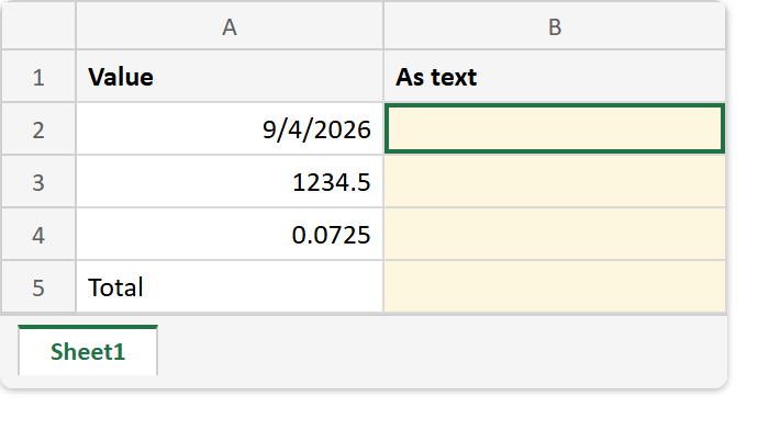 Excel sheet before the TEXT formula: a Value column holding a date, 1234.5 and 0.0725 all right-aligned, with the As text column and the Total cell still empty