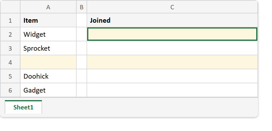 Excel sheet before the TEXTJOIN formula: an Item column holding Widget, Sprocket, an empty cell, Doohick and Gadget, with the Joined cells C2 and C4 still empty