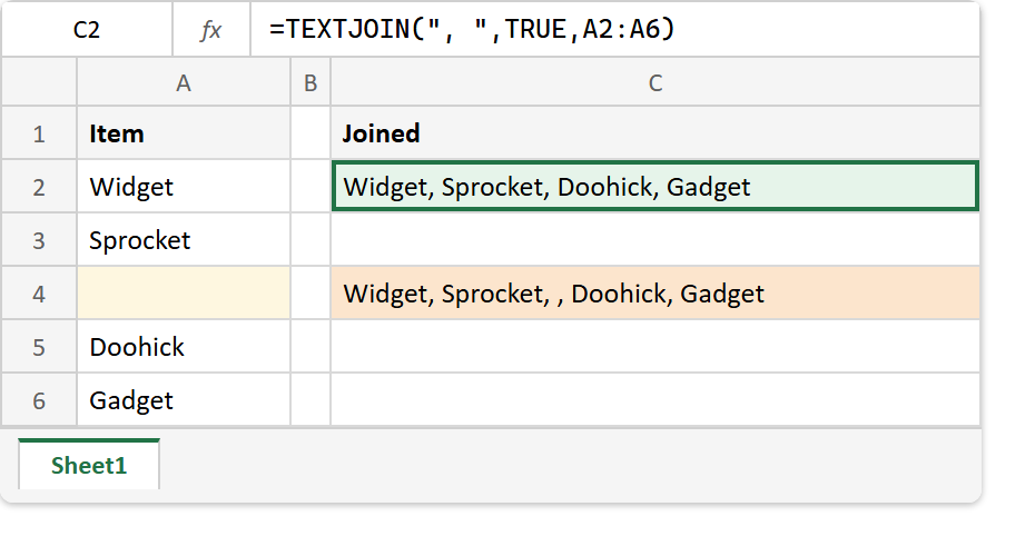 The TEXTJOIN function in Excel: the formula bar reads =TEXTJOIN with TRUE over A2 to A6, cell C2 returns Widget, Sprocket, Doohick, Gadget and cell C4 shows the doubled comma that FALSE leaves behind