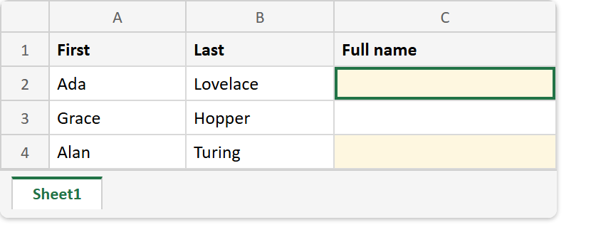 Excel sheet before the CONCAT formula: a First column holding Ada and a Last column holding Lovelace, with the Full name cell C2 empty and selected
