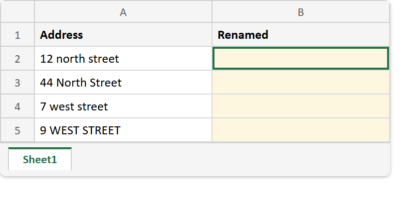 Excel sheet before the SUBSTITUTE formula: an Address column holding four street addresses in mixed capitalisation, with the Renamed column empty