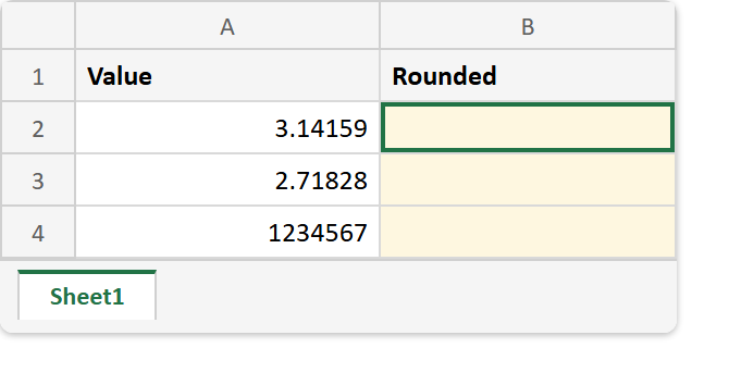 Excel sheet before the ROUND formula: a Value column holding 3.14159, 2.71828 and 1234567, with the Rounded column empty