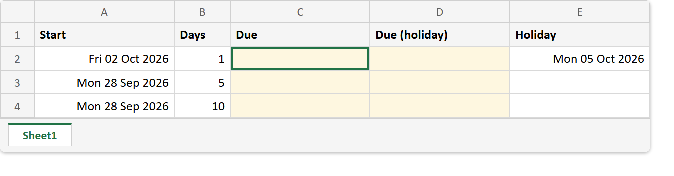 Excel sheet before the WORKDAY formula: Start and Days columns holding Fri 02 Oct 2026 with 1, Mon 28 Sep 2026 with 5 and Mon 28 Sep 2026 with 10, a holiday of Mon 05 Oct 2026 in column E, and the Due columns empty